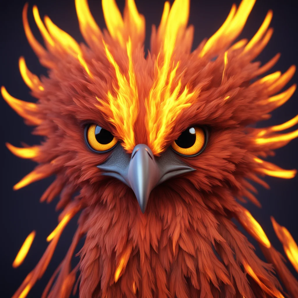 a beautiful and happy phoenix portrait perfect beak and eye details looking straight front facing view perfectly symmetr