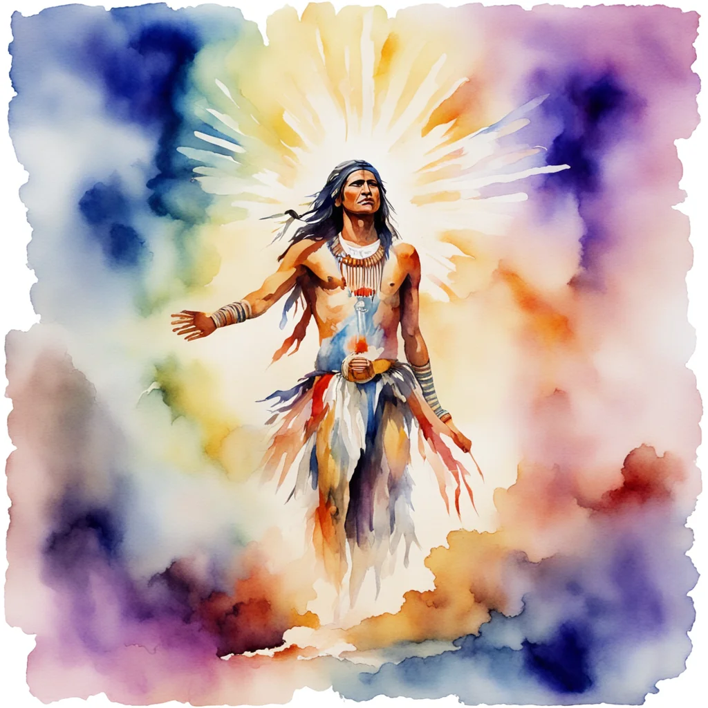 a beautiful colorful watercolor painting of the resurrection of a translucent native American chieftan rising from the g