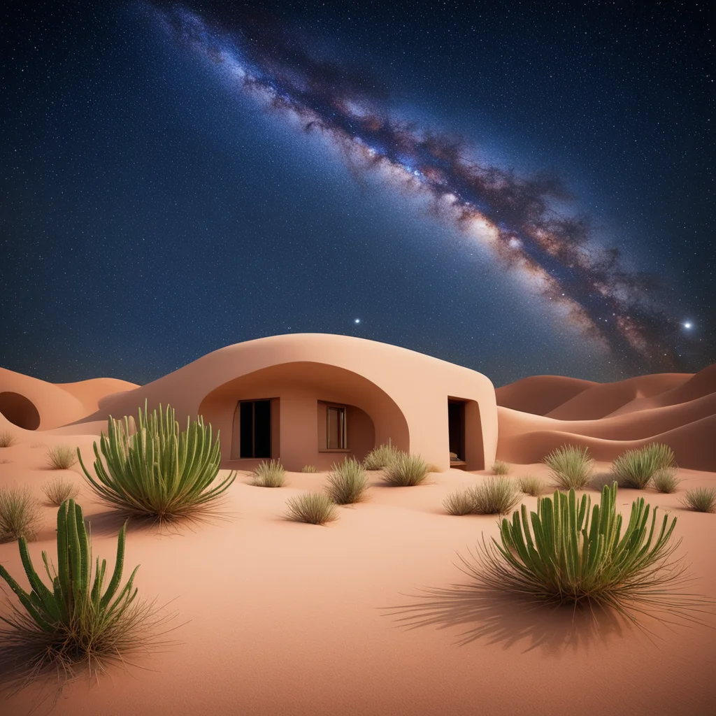 a beautiful curvilinear adobe house surrounded by white sand dunes and small cactus flowers under the starry night sky w
