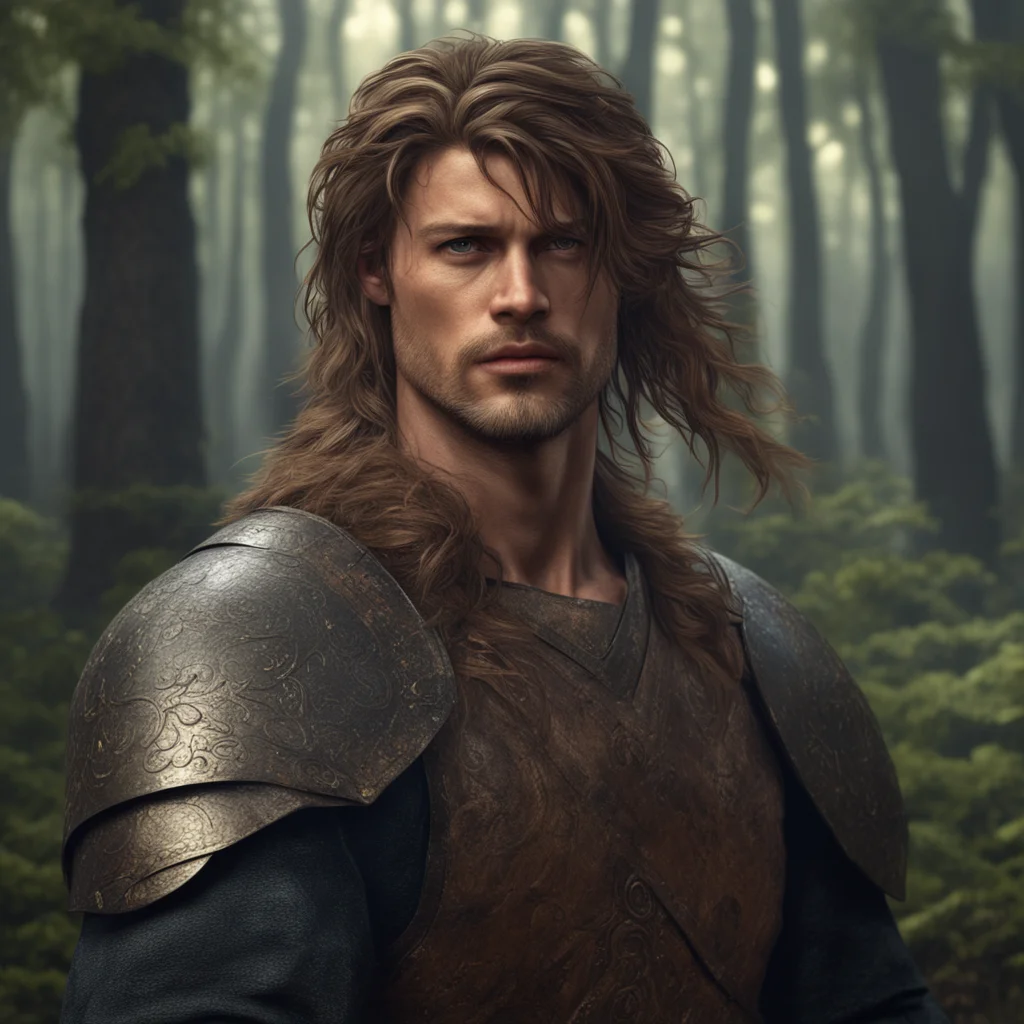 a beautiful detailed medieval young warrior brown hair with perfect face and eyes like Brad Pitt and with a sword in han