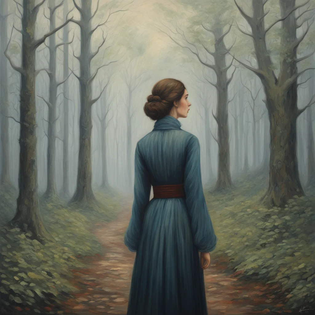 a beautiful detailed oil painting of a woman wearing 2010s fasion wandering a foggy forest in the style of Caspar David 
