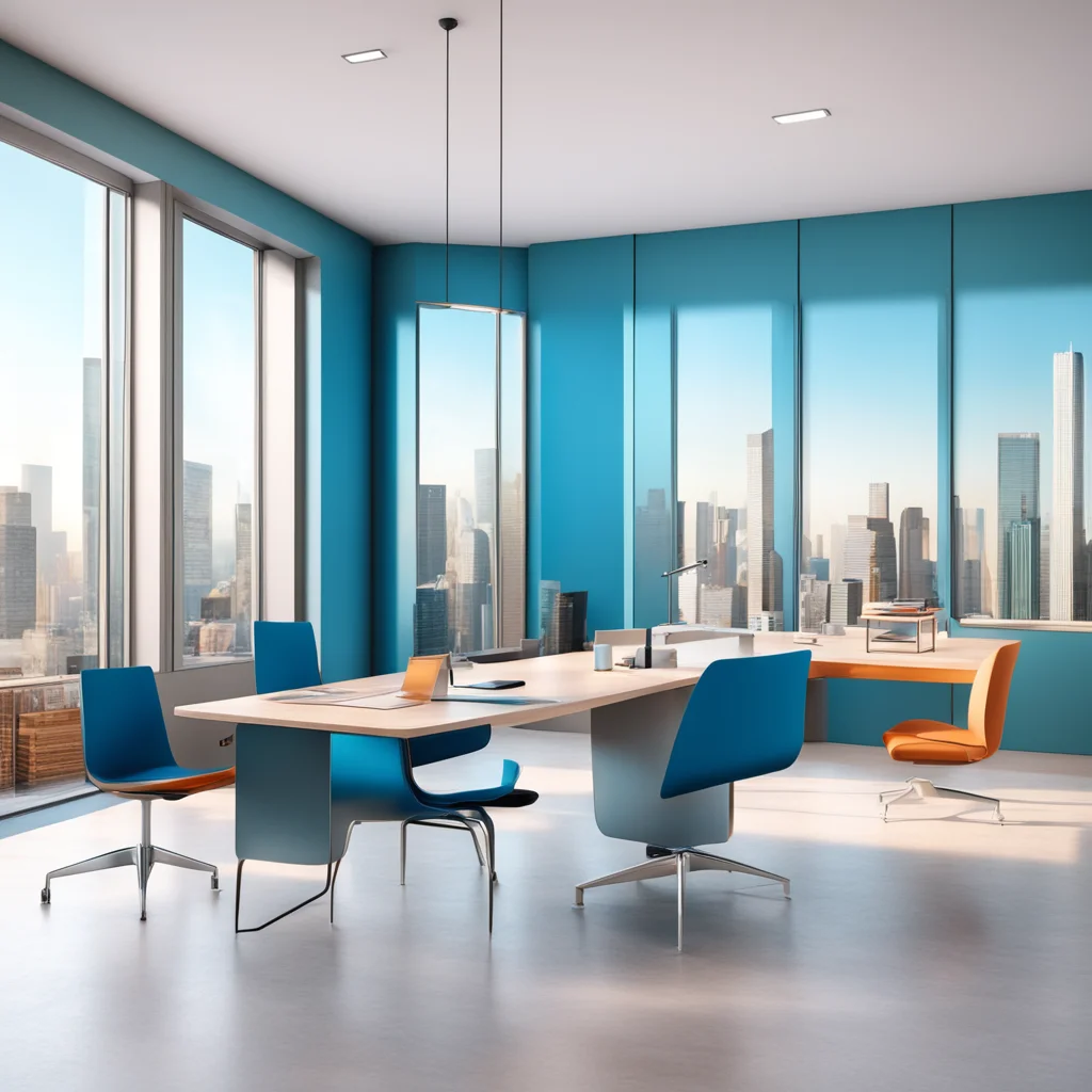 a beautiful open office with a desk and a chair bright light is coming through the windows the furniture are colorful an