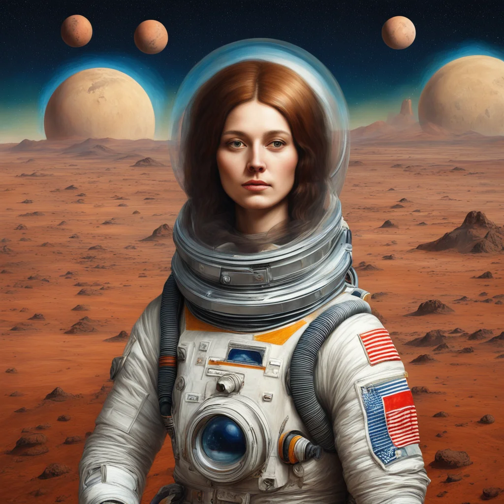 a beautiful painting in the style of Leonardo da Vincis Mona Lisa depicting a woman in a spacesuit on the surface of Mar