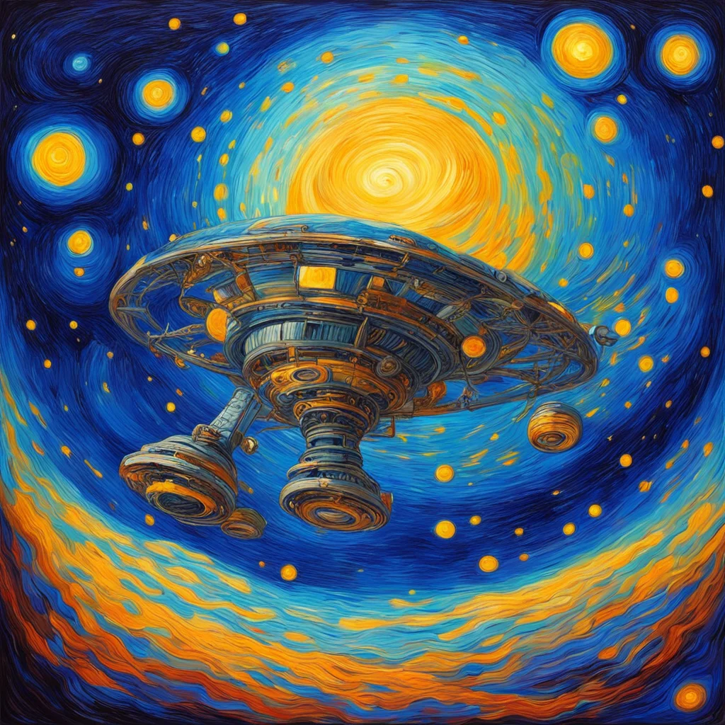 a beautiful painting in the style of Vincent van Goghs Starry Night depicting a space station in orbit around a gas gian