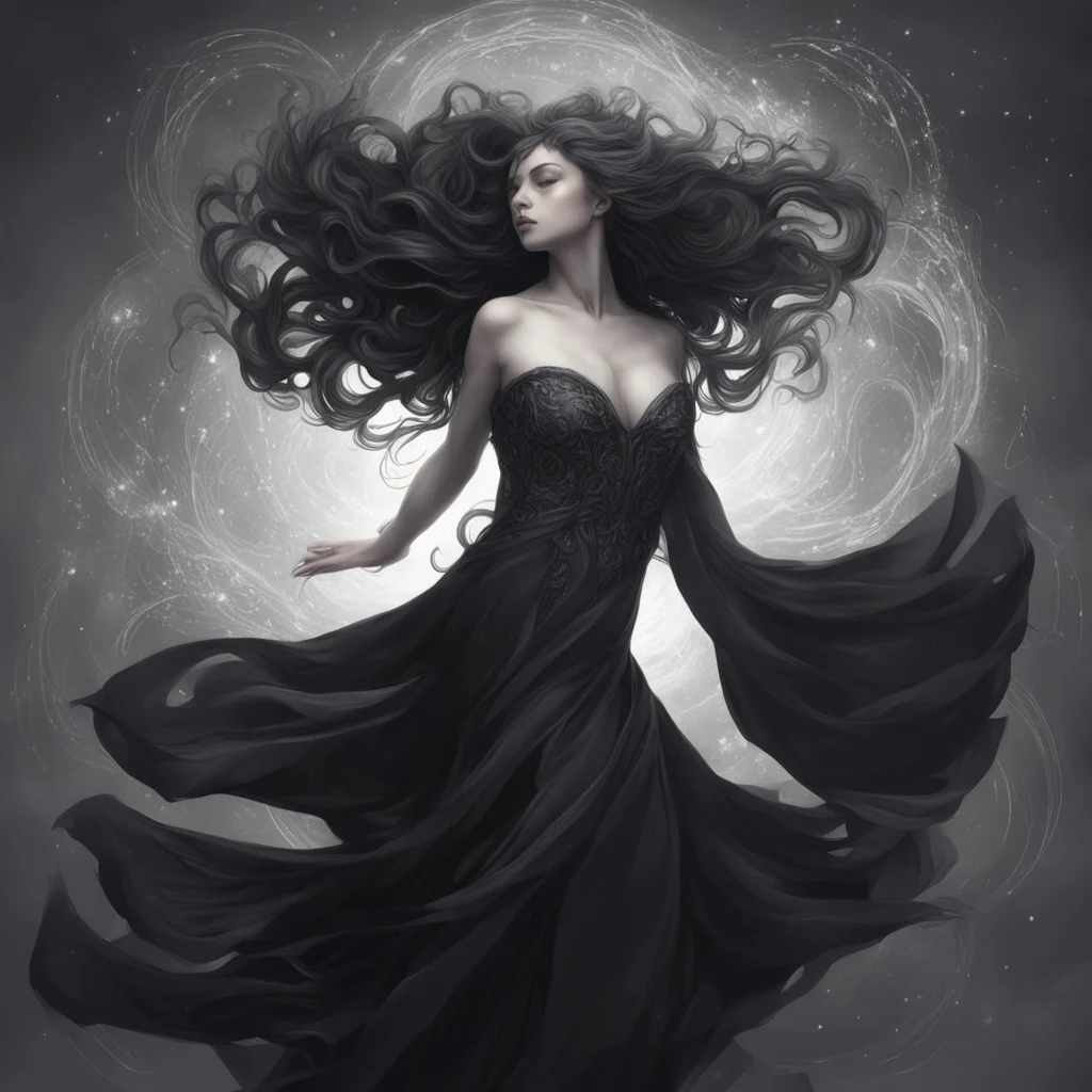 a beautiful pencil drawing of a muse of poetry  wearing a draping black dress flowing in the wind  zodiac muse  characte