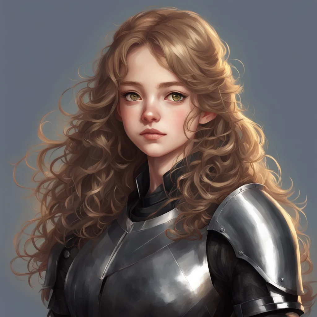 a beautiful portrait of a young GIRL like Hermione with LONG WAVY hair wearing mid centry armour with BLACK colour high 