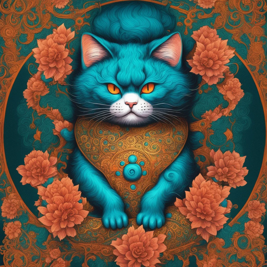 a beautiful rendition of Maneki Neko5 by Hokusai and James Gurney  Black paper with Intricate and vibrant teal line work