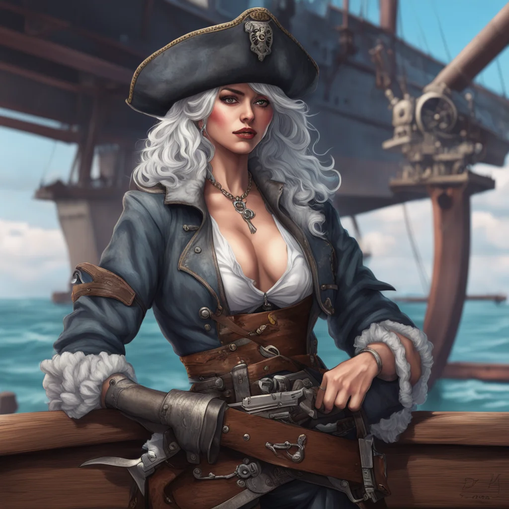 a beautiful silver haired pirate woman holding a revolver on the deck of a ship hyper detailed dnd art style aspect 916