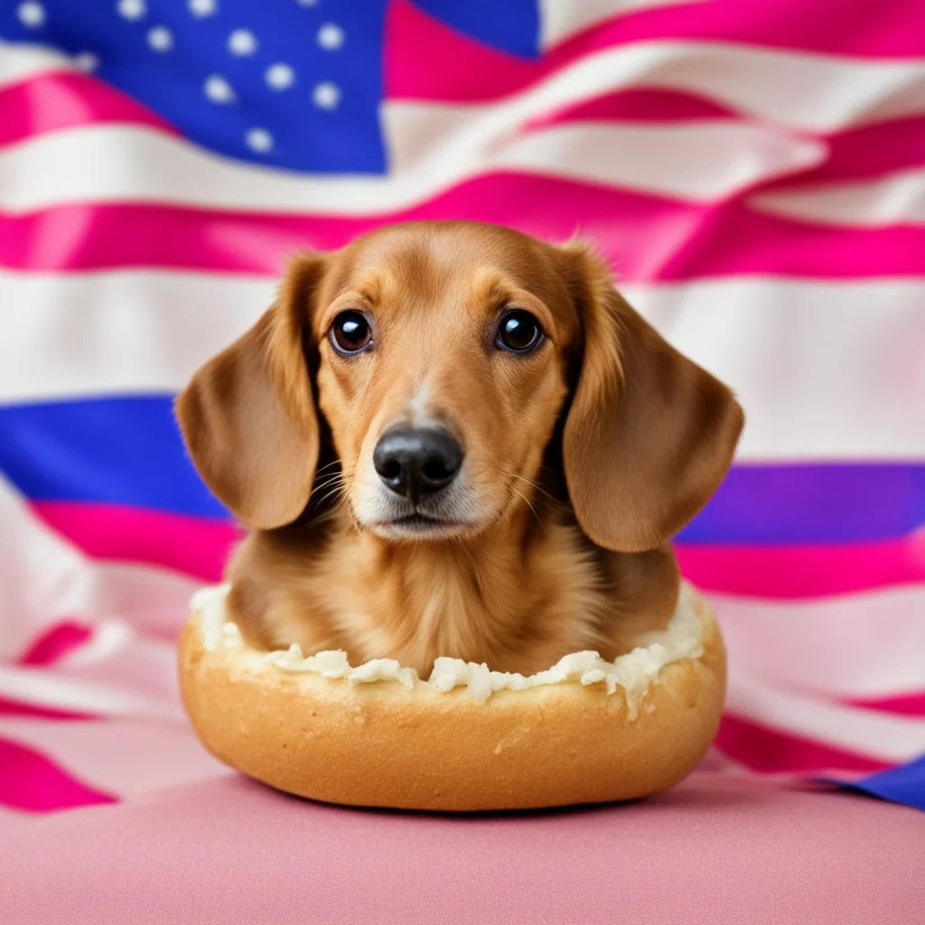 a beige dachshund inside of a hot dog bun with an American flag background