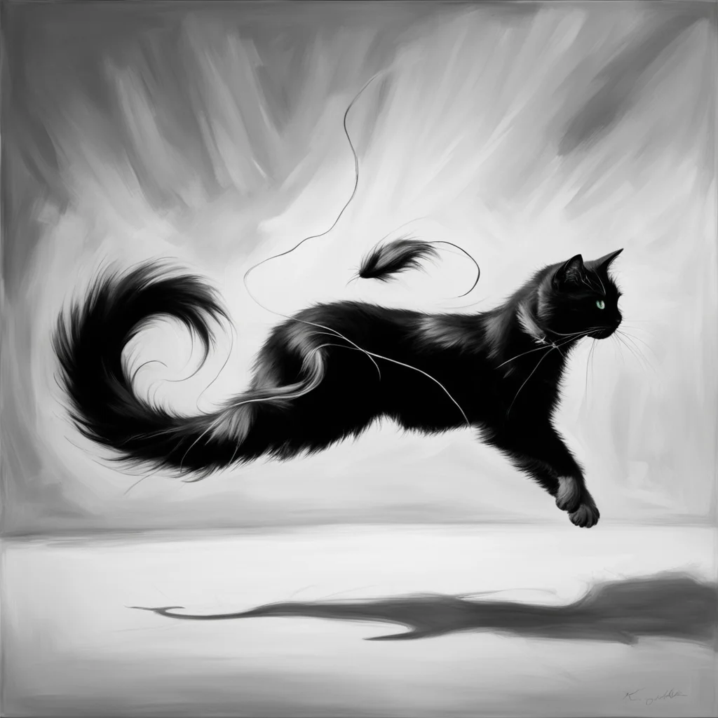 a black and white cat chasing after a hair tie painting expressionism brilliant lighting wide angle