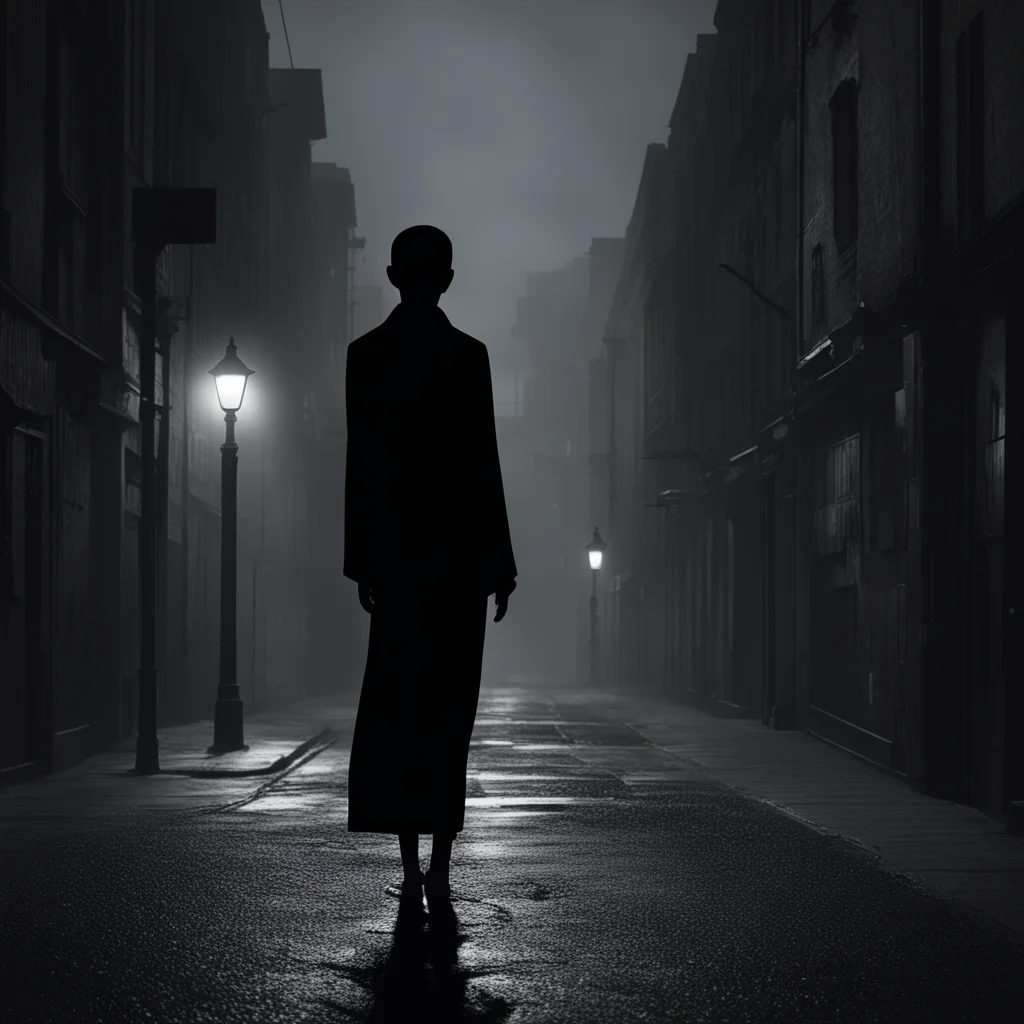 a black liquid shadow rising out of the ground and turning into a human figure near a pale street light in a dark city d