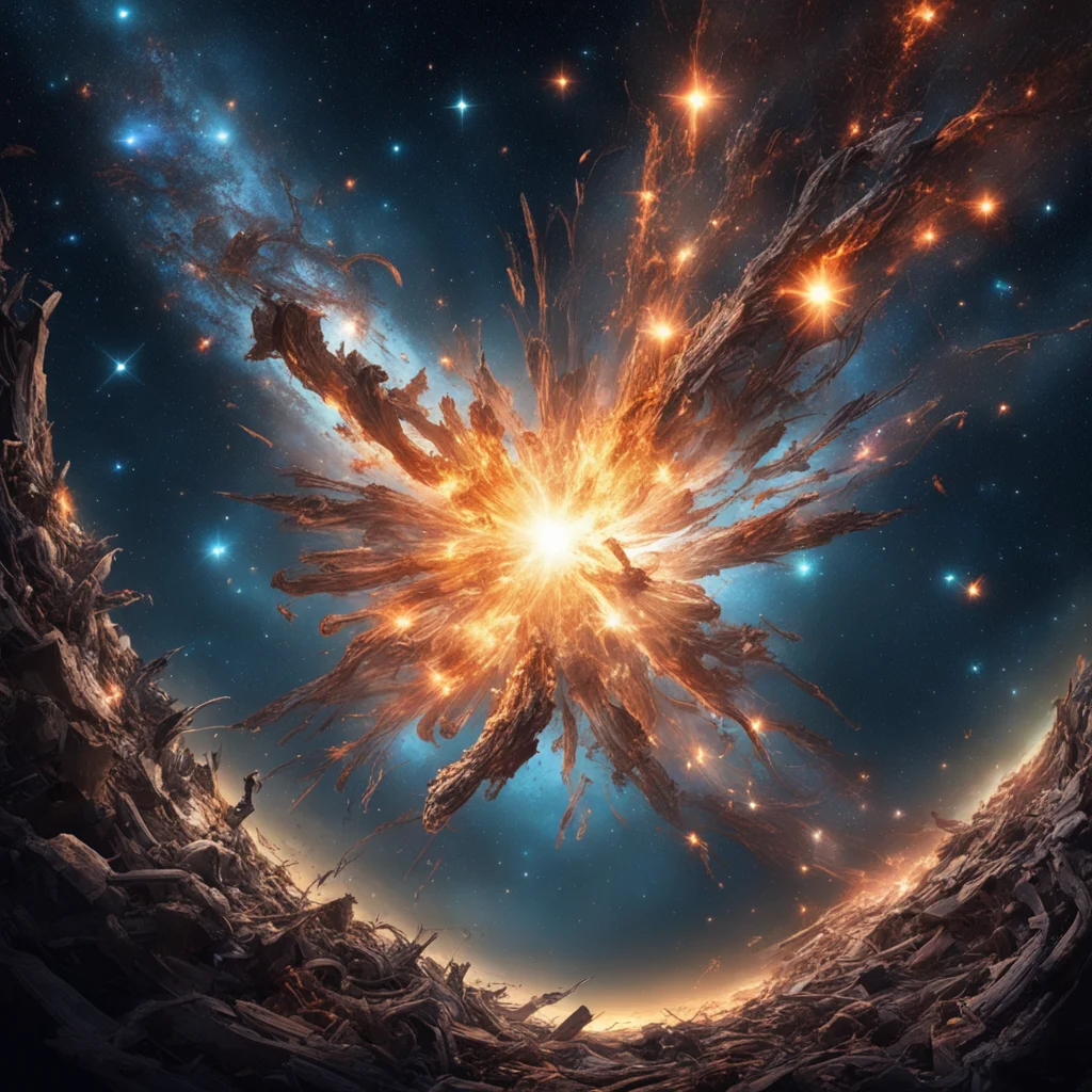 a blindingly bright swirling tangle of debris is space twinkling starry sky explosion of immense power