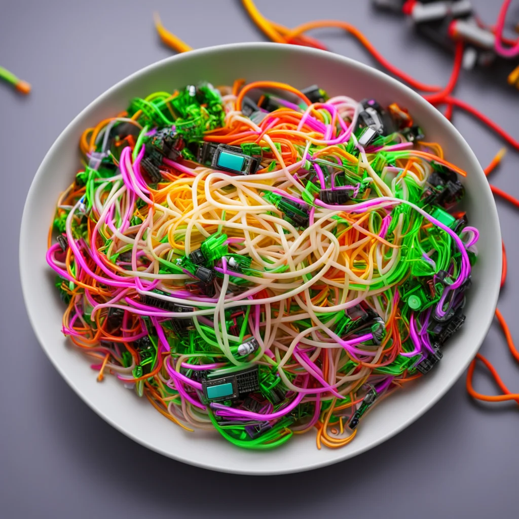 a bowl of Japanese ramen made from multicolored electricsl wires and electronic parts resistors capacitors IC chips leds