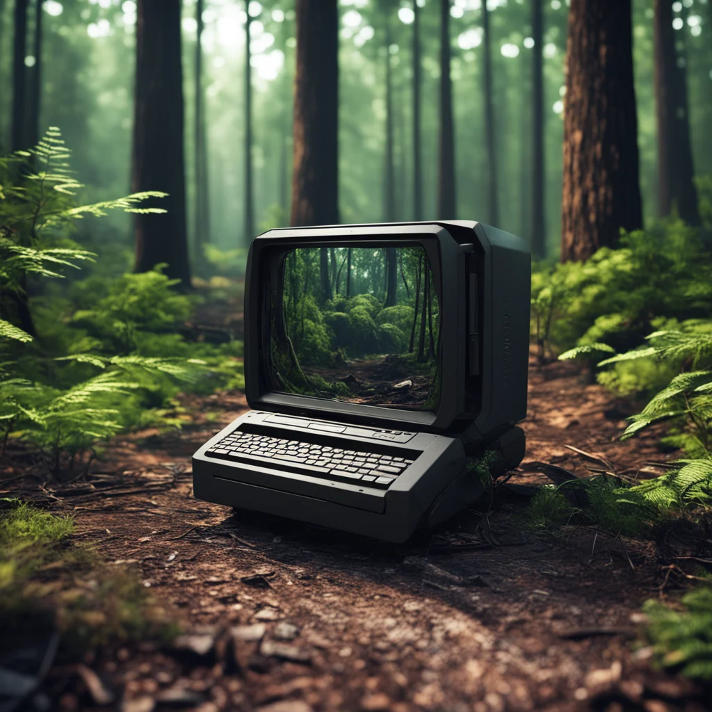 a broken computer sitting in a forest long after humans became extinct hyper realistic hyper detailed unreal engine 5 vo