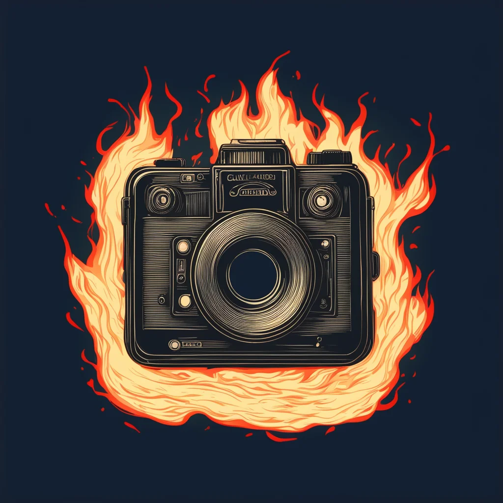 a burning 16mm film camera logo design detailed illustration style artstation linework