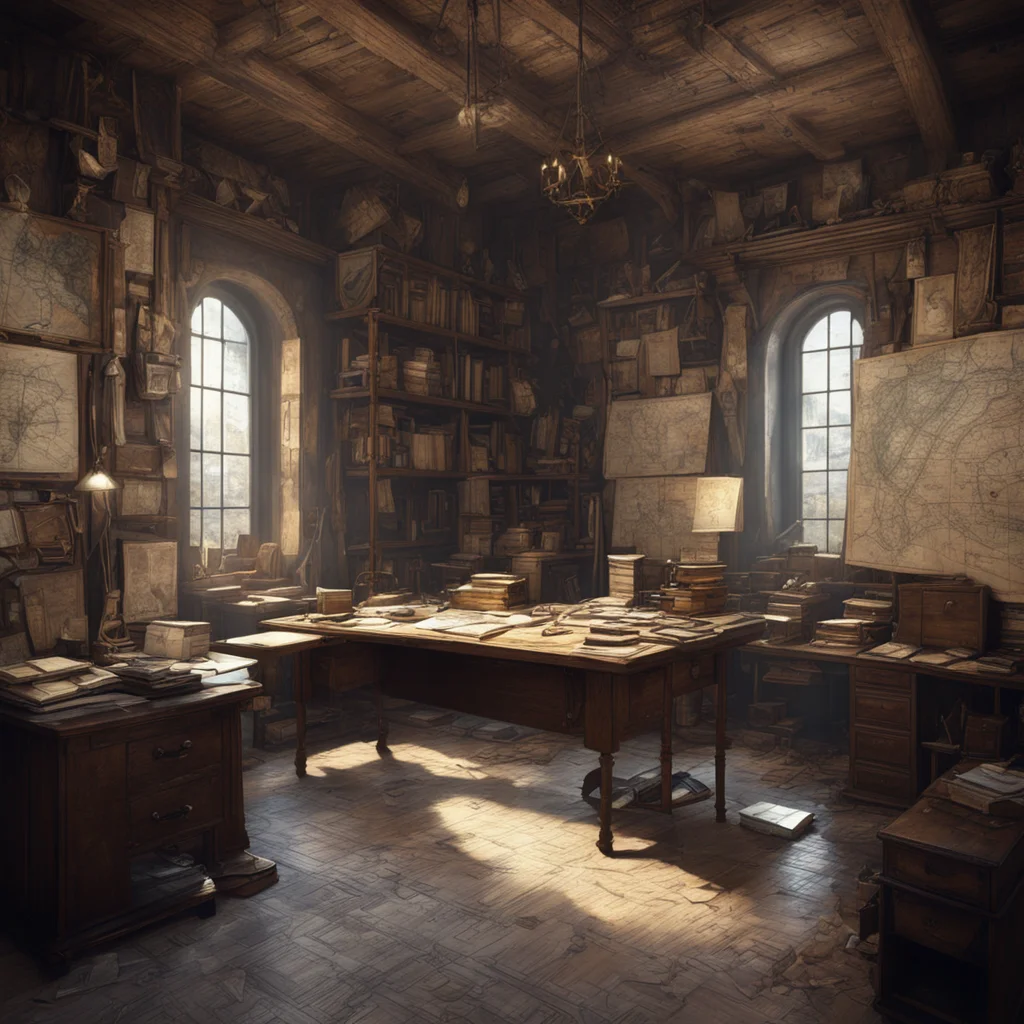 a cartographers workshop interior study with a desk many maps strewn about and hanging on walls ink and quill  Higly det