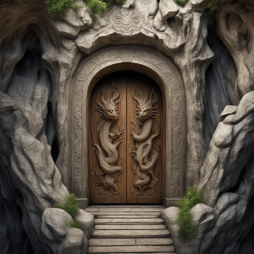 a carved door to the dragon temple cliffs and cavern A wonderfulspectacular and harmonious setting impressive depth Phot