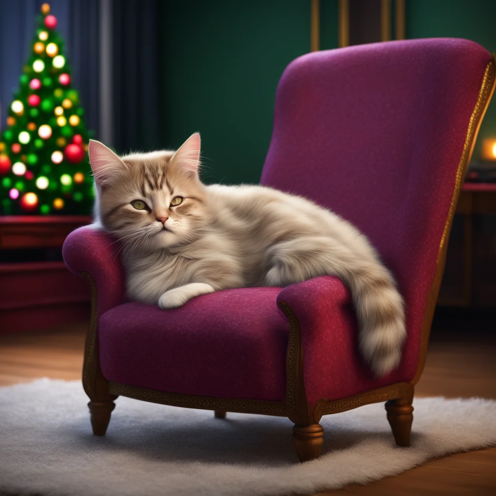 a cat sleeping in a chair in christmas night ultra realistic artstation