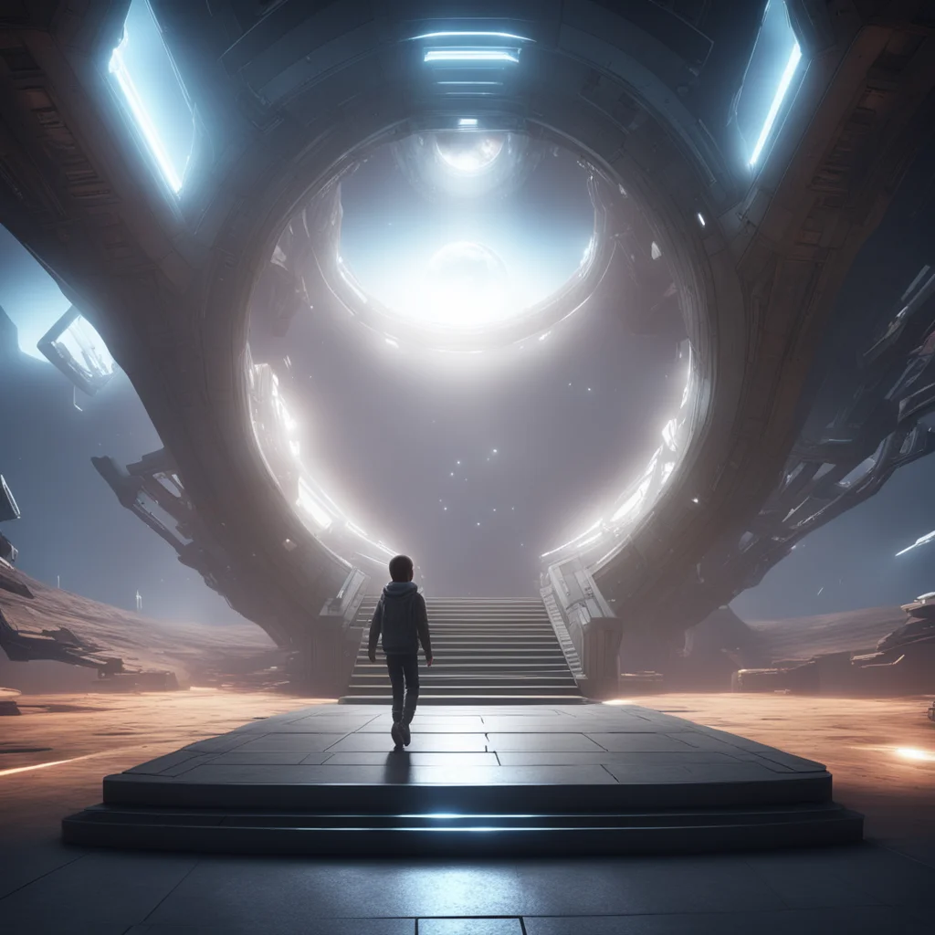 a child watches from a distance as staircase platform entrance opens to a halo forerunner spaceship eerie volumetric lig