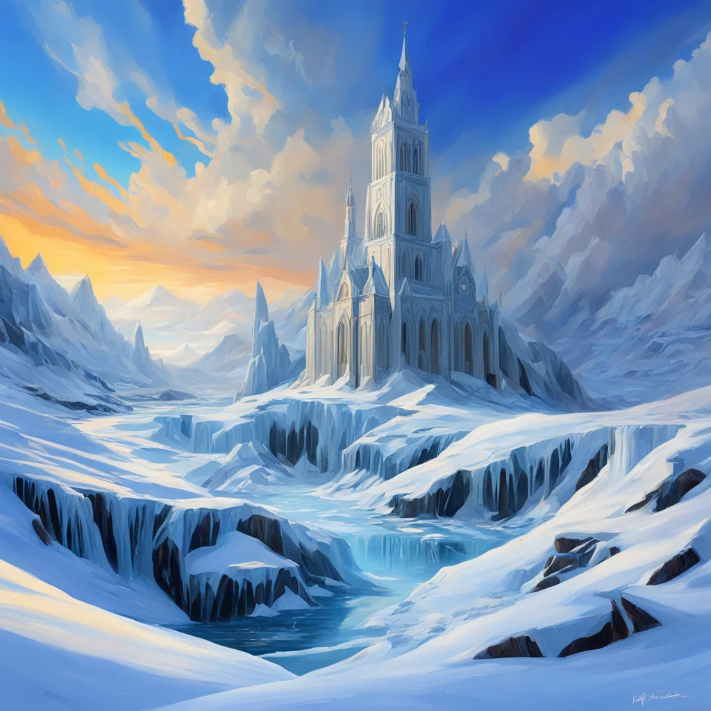 a church of ice and wind painted in the style of Don Davis and Rick Guidice ultra wide landscape ar 2012