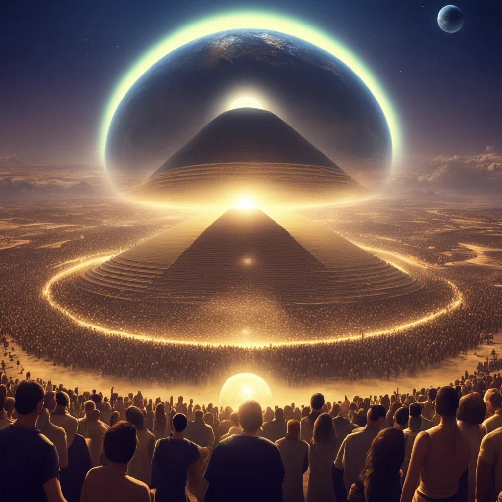 a cinematic shot from crowds view of glowing spherical torus of energy above Egyptian pyramids pilgrims gather to worshi