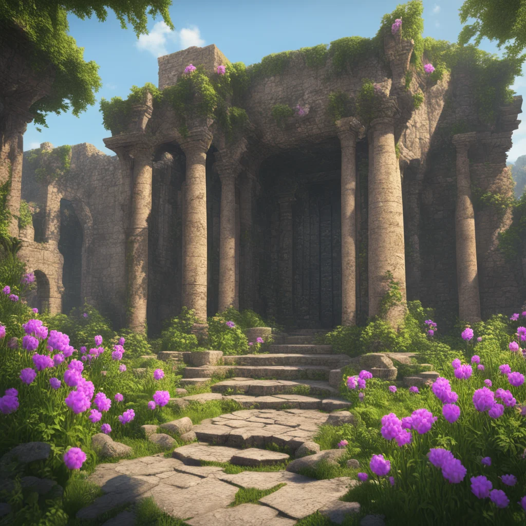a cinematic ultra realistic and calm magic ancient ruins flowers with a magic portal Higly detailed epic composition day