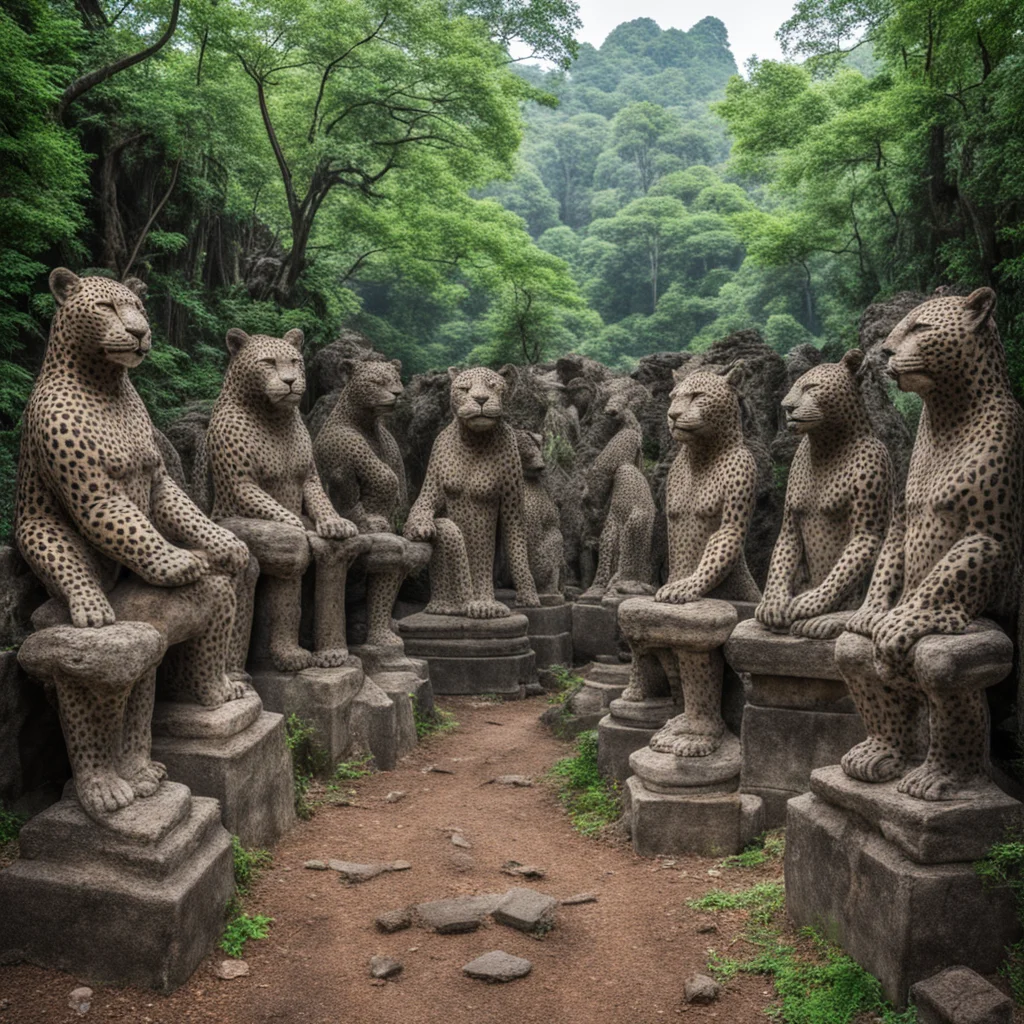 a clearing lined with the tightly packed crumbling stone statues of leopard gods glaring their spirit gaze