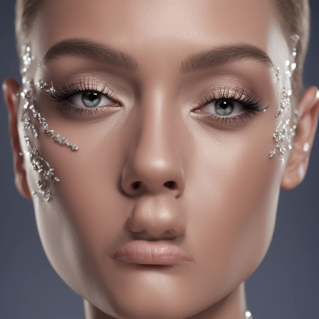 a close up photograph of a fashion model wearing silver balenciaga jewelry on their face 4K 3D redshift render —ar 916 u