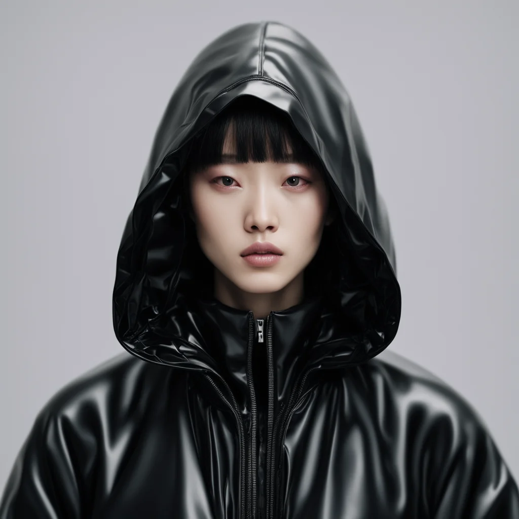 a closeup portrait of a pale asian fashion model wearing plastic black balenciaga hooded jacket 4K 3D Render redshift re
