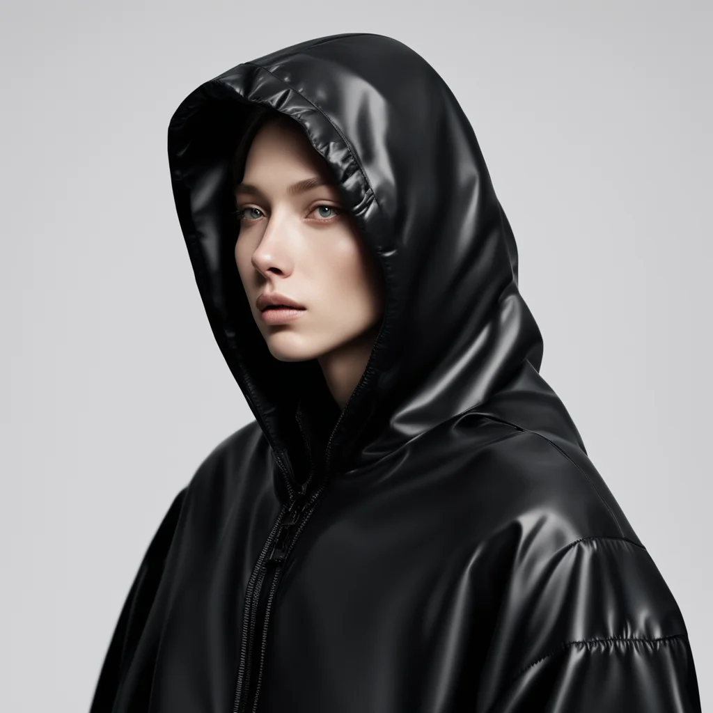 a closeup profile portrait of a fashion model wearing black oversize balenciaga hooded jacket plastic bag cropped photog