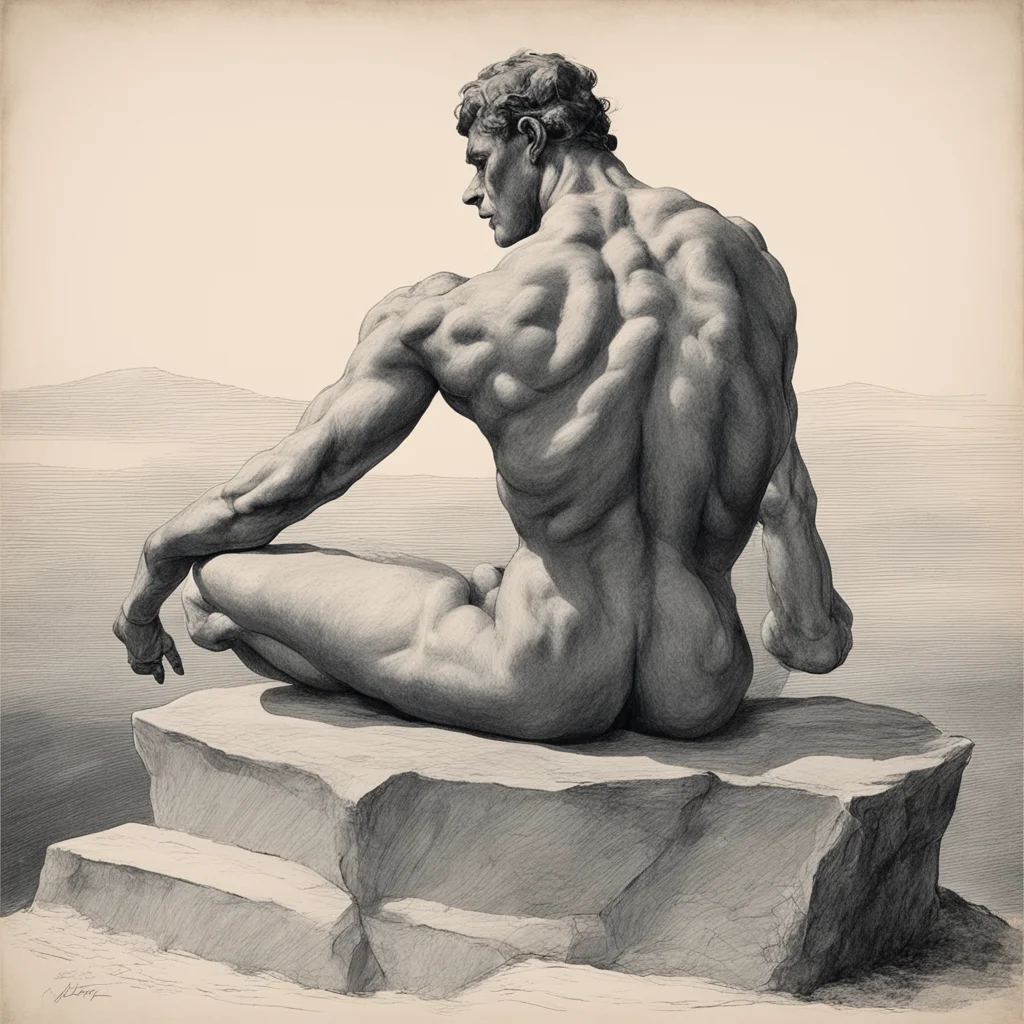a colossus human showing us his back is sitting on a hill in a similar pose as The Thinker by Auguste Rodin inspired by 