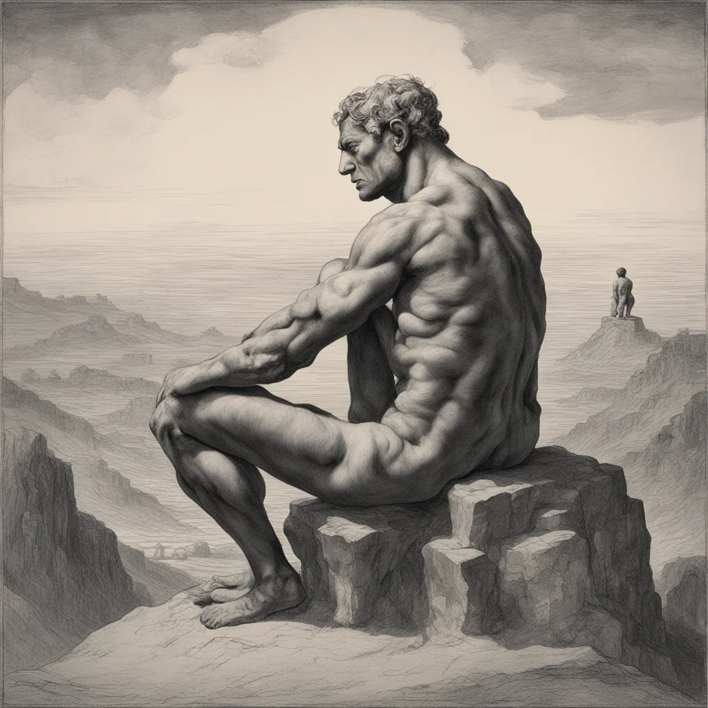 a colossus human showing us his back is sitting on a hill the head resting on his hand and his arm resting on his knee i