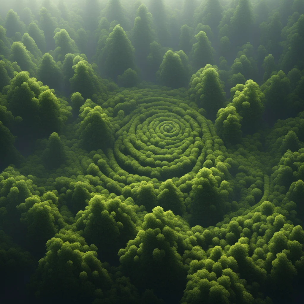 a concept art of aerial view of a forest with multiple spirals magic luxuriant fog octane render realistic render detail