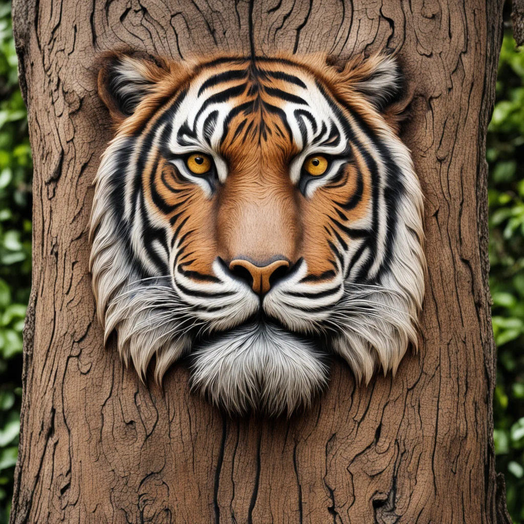 a cool tiger face carved meticulously onto the side of an ancient forever living tree trunk magical fantasy game of thro