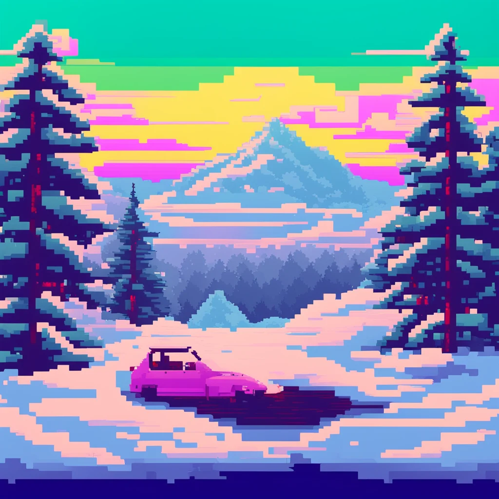 a cozy winter landscape with a car in the center of frame in a retro pixel style  8bit  snes 