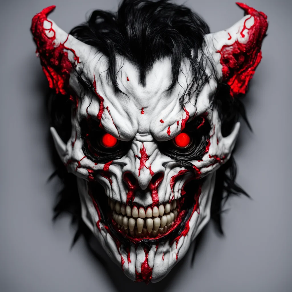 a crazy demon mask with human layers and laser red eyes with creepy black hair white pale skin red extremities and glowi