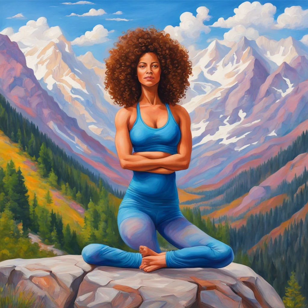 a curly haired woman yoga teacher posing by the mountains in Colorado detailed painting fine art