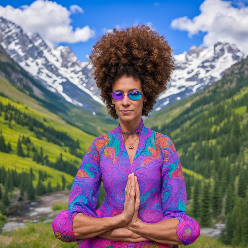 a curly haired yoga teacher posing in the mountains of Colorado in the style of Alex Grey