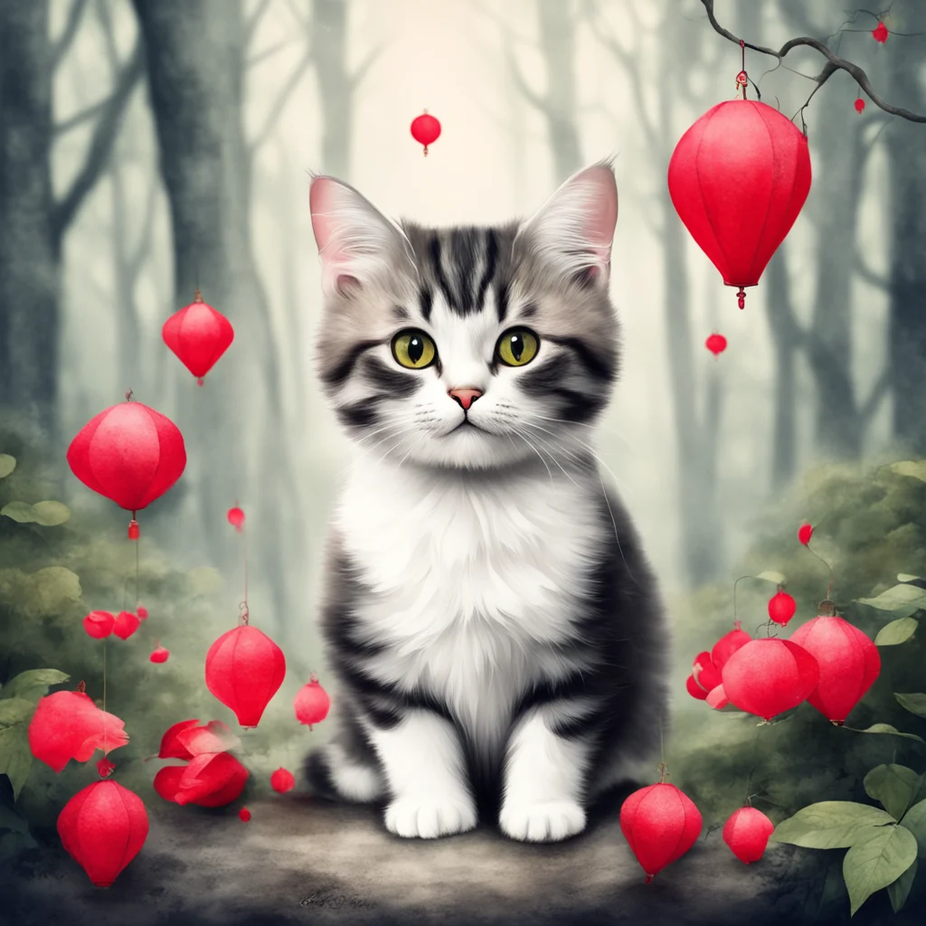 a cute cat in a forest with some red chinese lantern wedding card invitation DMT light paper watercolor desaturated colo