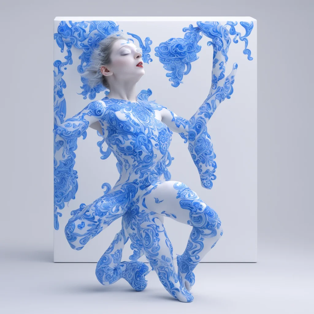 a dancer made of shiny white porcelain in a white cube the whole body and face painted with blue japanese patterns  octa