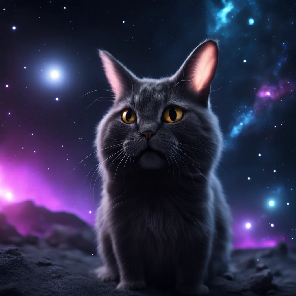a dark space cat galaxy with a nearby rabbit galaxy realistic space scene 3D cinematic octane render