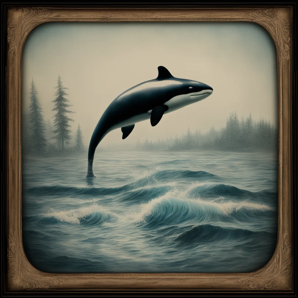 a delicately detailed hand painted daguerreotype of a 19th century of a vancouver island scene one clearly seen orca in 
