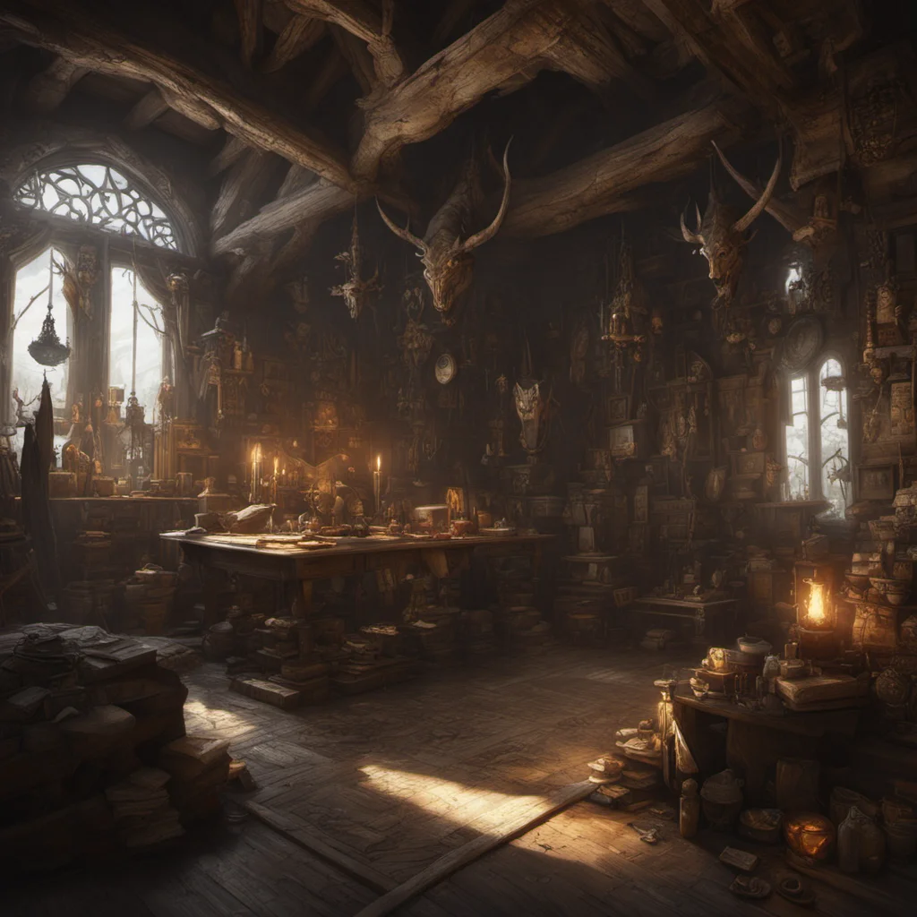 a demon hunter den with many artefacts on display and trophies maps hanging on the walls  Higly detailed epic composition environment architecture Epic s
