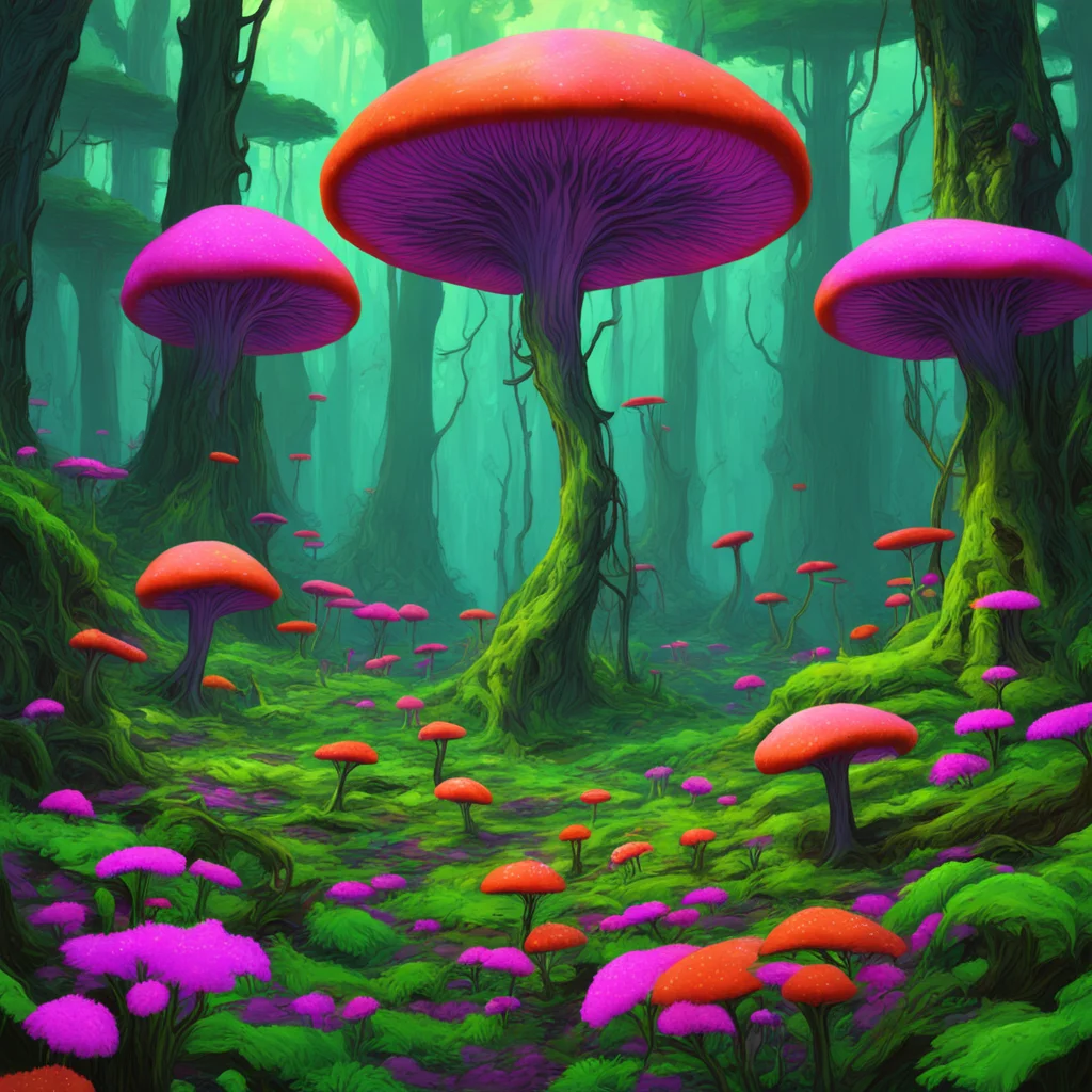 a dense alien fungal forest Xen from Half Life colorful realism Ghibli Moebius aspect 813