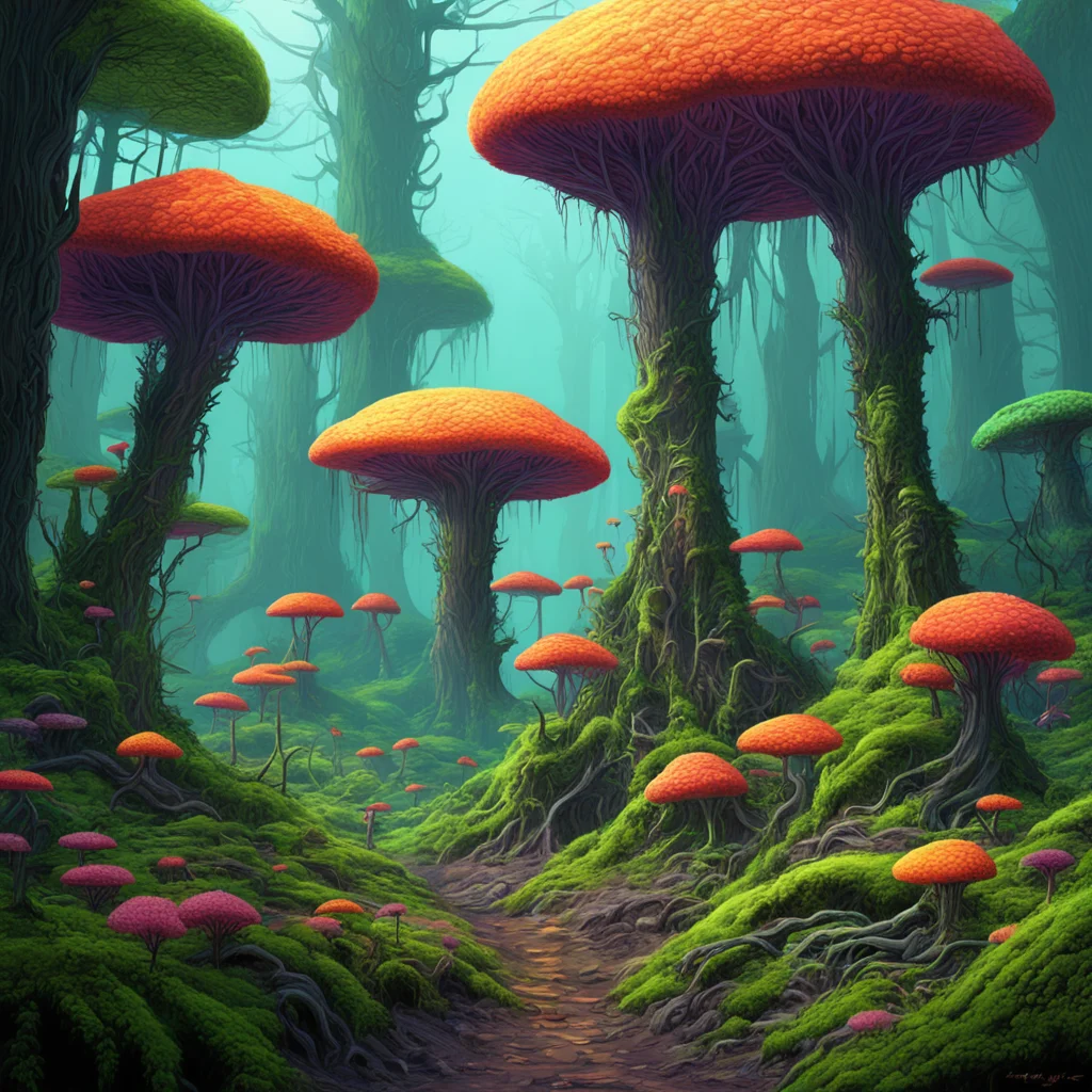 a dense alien fungal forest slime mold trees alien plants Xen from Half Life colorful realism Ghibli Moebius aspect 813