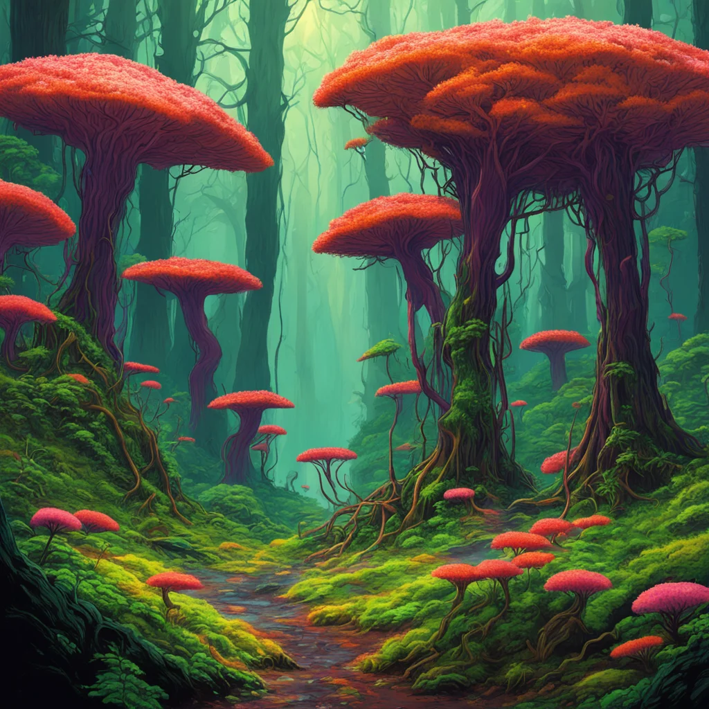 a dense alien fungal forest slime mold trees animal like plants Xen from Half Life colorful realism Ghibli Moebius aspec