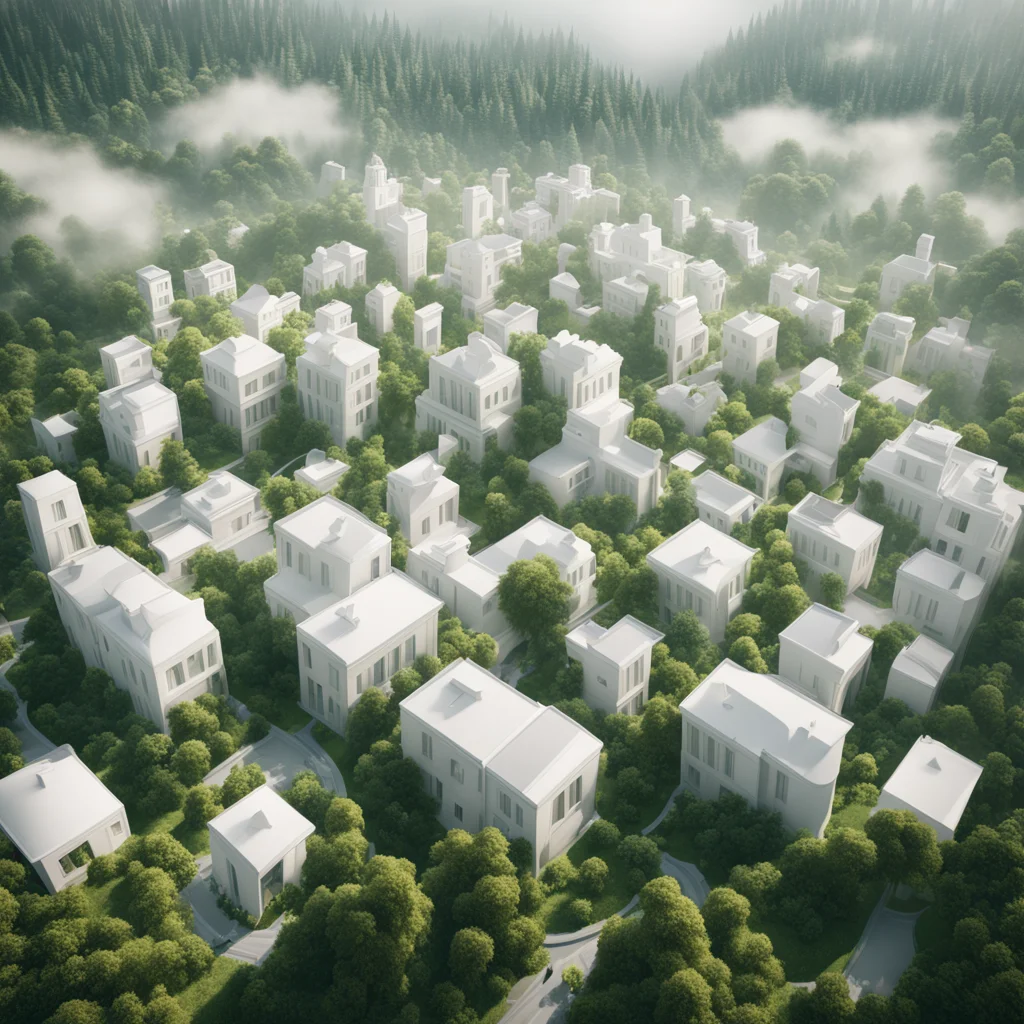 a dense city made of bubble white houses in the style of Unal House by Claude Hausermann Costy with muted green forest a
