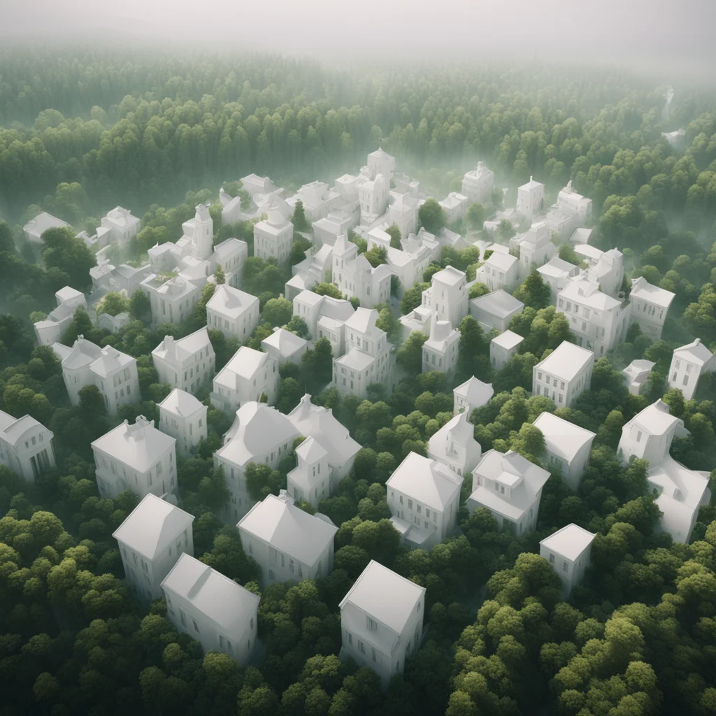 a dense city made of round white houses around muted green forest wide angle shot mist futur insanely detailed golden ra