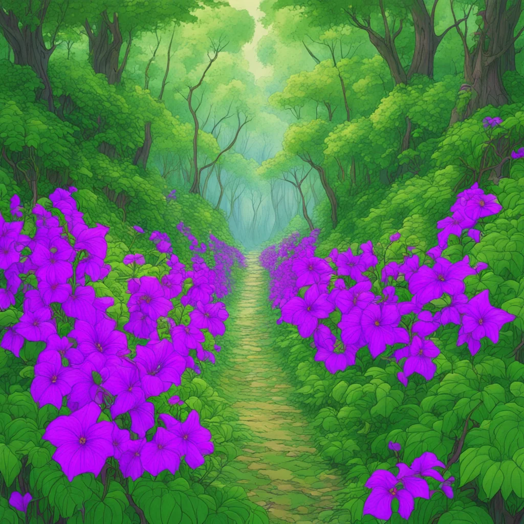 a dense forest overgrown by invasive species of purple flowering vine Ghibli Moebius aspect 813