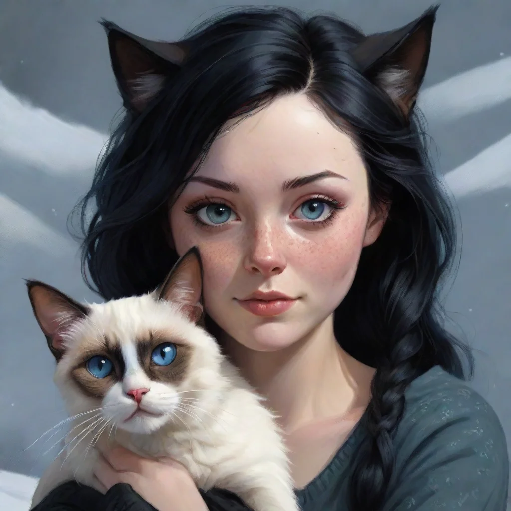 a detailed portrait of a pretty black hair Irish woman with pale skin and freckles hugging a Snowshoe Siamese cat, illustrator, by justin gerard and greg rutkowski, digital art, realistic painting, goth, character design, trending